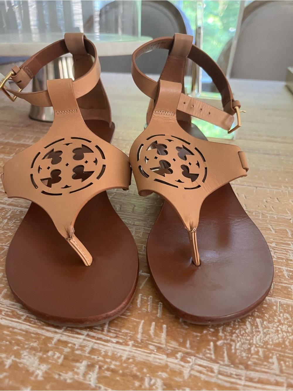 Tory Burch Leather Tan Wedge Sandals with Logo Accent